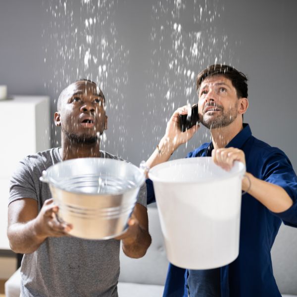 Two guys holding buckets under a roof leak