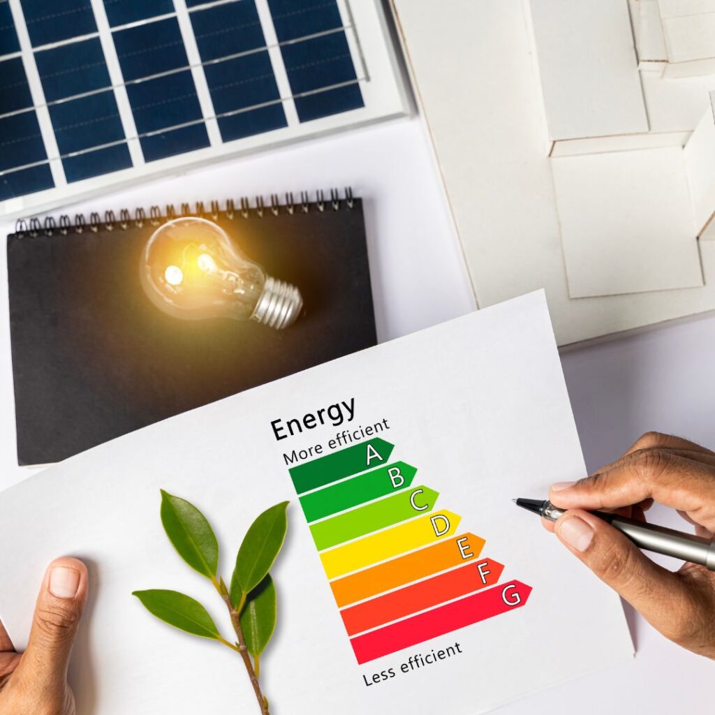 Person inspecting a chart of home energy efficiency levels