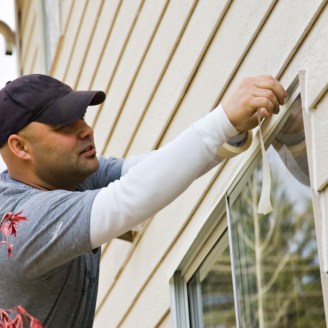 man prepping windows for painting