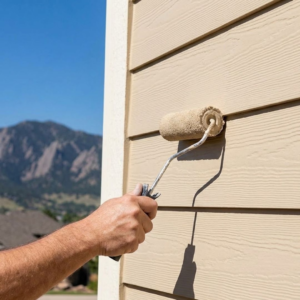 A detailed close-up of a hand rolling beige paint onto horizontal siding with mountains in the background under a blue sky.