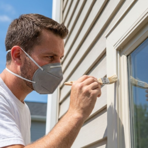 A detailed close-up of a masked painter applying sealant to window trim with a small brush in bright sunlight.