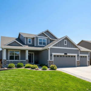 A wide-angle, sunlit view of a suburban house in Castle Rock, CO, freshly painted in modern grey and white trim, featuring a manicured lawn and clean curb appeal.