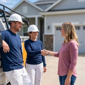 Happy homeowners shaking hands with residential exterior home painting contracotrs.