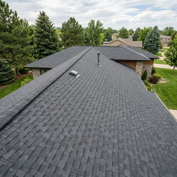 Freshly installed charcoal gray Class 4 impact resistant shingles under daylight, showing precise alignment.