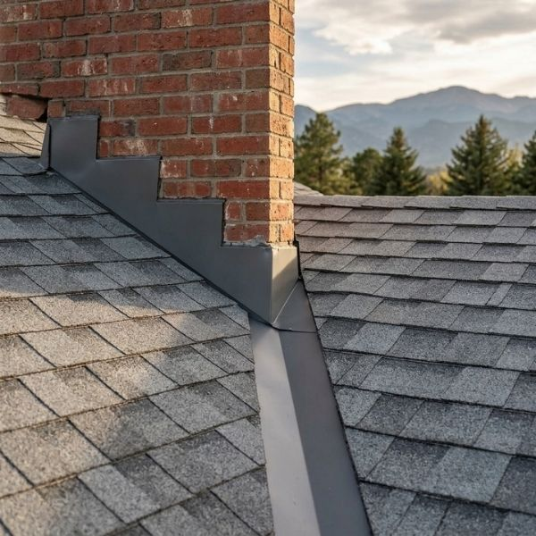 Expertly installed roofing flashing and shingles around a residential chimney, showcasing quality craftsmanship.