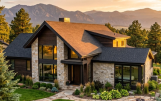 A modern Colorado home with a newly installed shingle roof during a golden sunset, showing pristine craftsmanship.