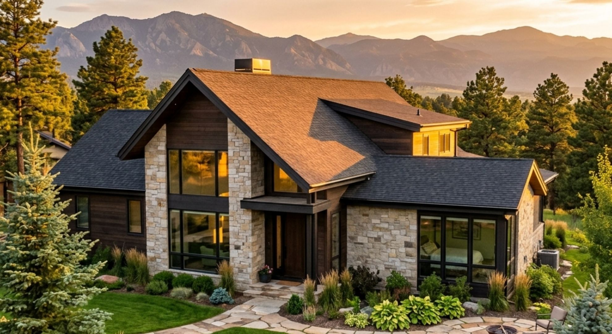 A modern Colorado home with a newly installed shingle roof during a golden sunset, showing pristine craftsmanship.